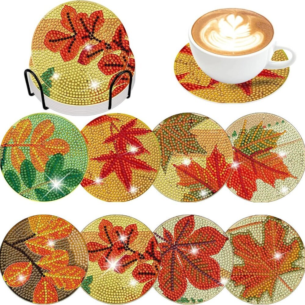8 Pieces Vintage Fall Maple Leaves Diamond Art Coasters with Holder DIY Fall Map